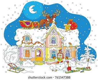 The night before Christmas, Santa Claus with gifts in a house, his sledge with magic reindeers on a snow-covered housetop