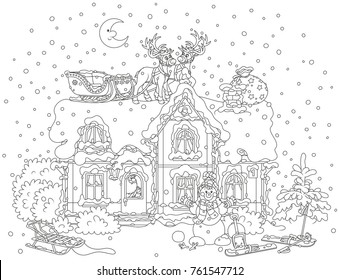 The night before Christmas, Santa Claus with gifts in a house, his sledge with magic reindeers on a snow-covered housetop