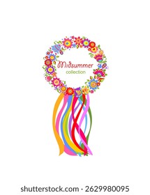 Night before Ivan Kupala. Flowers door decorative wreath collection with colorful ribbons isolated on white background. Slavic midsummer holiday background. Part 1