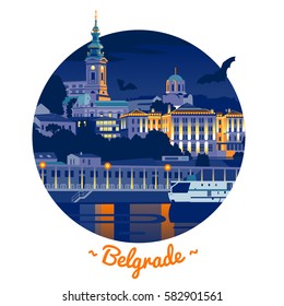 Night Belgrade flat vector illustration in circle  