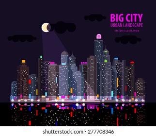 Night in the big city. Illuminated signs in the night city by the sea. Vector illustration