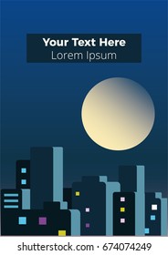 Gran ciudad de la noche con luna grande. Ilustración vectorial.
