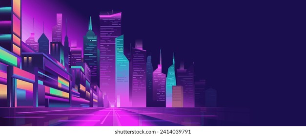 Night big city street with glowing blue and purple neon lights, perspective view, panoramic skyline of houses and skyscrapers, vector illuminated urbanism, horizontal banner