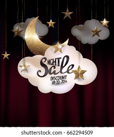 Night big sale background with clouds, textured gold sparkling moon and stars and red theater curtains. Vector illustration