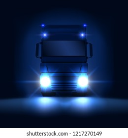 Night big semi truck with bright headlights and dry van semi riding on the dark night background front view, vector illustration