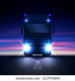 Night big semi truck with bright headlights and dry van semi riding in the dark on the night road on colorful starry sky background front view, vector illustration