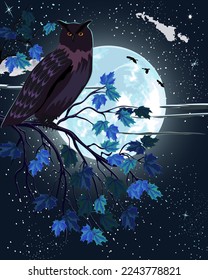 Night bird on the background of the moon.Color vector illustration with an owl on a tree branch and against the background of the moon and stars.