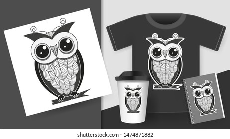 Night Bird Owl With Feathers On A Tree Branch Design For Greeting Card, Decorative Textile