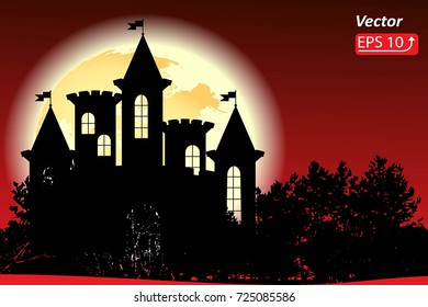 Night black red  background greeting card with a silhouette castle, a full moon in landscape fir forest vector illustration