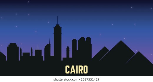 night black silhouette of the Cairo skyline against the blue starry sky