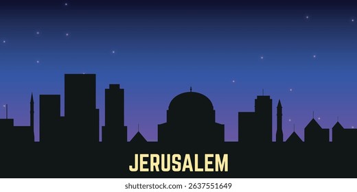 night black silhouette of the Jerusalem skyline against the blue starry sky

