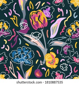 Night blossom. Abstract plants on black background. Sketchy floral print. Seamless pattern with large flowers. Vintage textile collection.