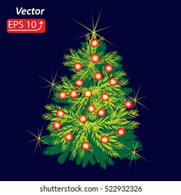 Night blue background greeting card with a Christmas fir tree, isolated  vector illustration