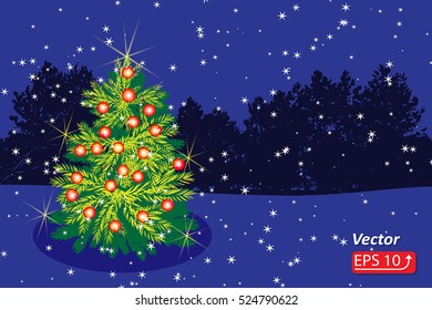 Night blue background greeting card with a Christmas fir tree on winter landscape fir forest vector illustration EPS 10