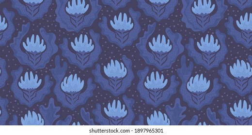 Night blue flowers pattern with leaves. Hand drawn beautiful seamless background on dark. Floral botanical decorave  elements. Stylized garden plants design. Romantic textile design with herbs.
