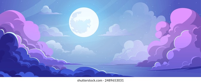 Night blue and purple gradient starry sky with full moon and fluffy clouds in anime style. Cartoon vector illustration of beautiful dark cloudscape scene under moonlight. Comic manga evening horizon.