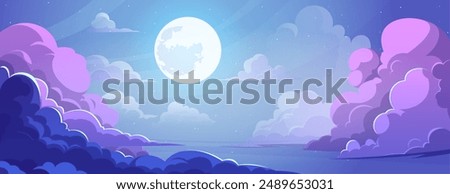 Night blue and purple gradient starry sky with full moon and fluffy clouds in anime style. Cartoon vector illustration of beautiful dark cloudscape scene under moonlight. Comic manga evening horizon.