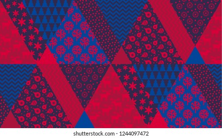 Night blue and red color Christmas naive seamless pattern. Folk style simple modern patchwork repeatable motif.