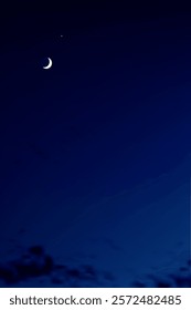 Night Blue Sky with Crescent Moon background for Ramadan islamic card,Dark blue sky with moon,stars field,Image Sky for Religion of muslim with copy sapce Eid Al Adha,Eid Al Fitr, Eid Mubarak,Muharram