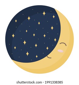 Night blue sky with yellow stars and sleeping moon. Vector illustration for the nursery. Image for poster, greeting card, party invitation for children.