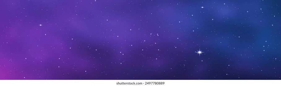 Night blue starry sky, purple galaxy background. Realistic starry sky with gradient. Milky way with shining stars. Night sky with light effect.