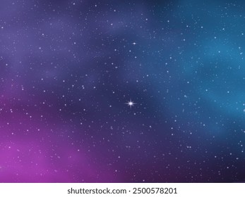 Night blue starry sky, purple galaxy background. Realistic starry sky with gradient. Milky way with shining stars. Night sky with light effect.