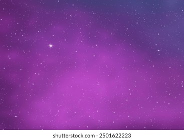 Night blue starry sky, purple galaxy background. Realistic starry sky with gradient. Milky way with shining stars. Night sky with light effect.