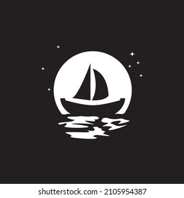 a night with boat and moon sea logo design vector