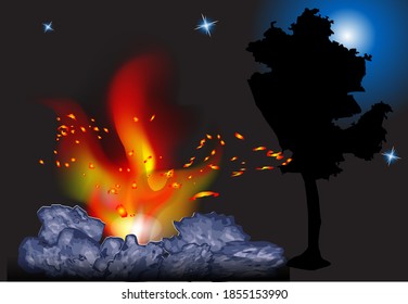 Nachtfeuer im Wald. 10 EPS