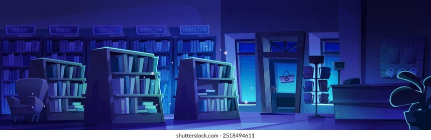 Interior de livraria noturna com livros em prateleiras de madeira. Ilustração de desenho animado vetorial de quarto escuro com literatura em prateleiras, cremalheira de cartão postal, poltrona amarela, caixa registradora no balcão, lembranças na parede