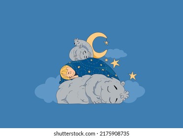 Night  A boy sleeps under blanket and cute night monsters  Funny cartoon characters  Vector illustration 