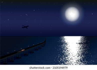 Night bridge with transport. train and airplane travel into the sea or ocean under the starry moon.eps 10. vector illustration, nature in dark colours, wallpaper or postcard
