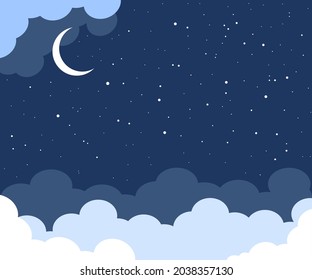 Nachts heller Sternenhimmel und Mond. Weiße glänzende Sterne auf Wolkenhintergrund, Banner, Hintergrund. Wolkenkratzer. 