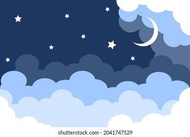 Night bright starry sky and moon. White shine stars on the clouds background, banner, backdrop. Cloudy weather. 