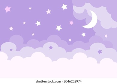 Night bright starry sky and moon. White shine stars on the clouds background, banner, backdrop. Cloudy weather. 