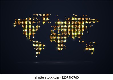 Night bright world map with golden dots and light effects vector illustration. Isolated vivid brilliant mainlands pixel art style on dark background
