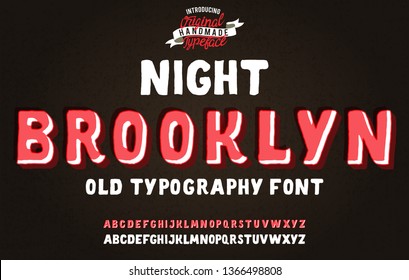 Night Brooklyn. Retro. Vintaage 3D handmade typeface. Vector illustration. Print on clothes, sticker. 