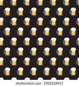 Night Bubbly Brews Seamless Beer Glasses Pattern. Perfect for brewery promotions, party decorations, or creating custom beer-themed merchandise, and celebrates the joy of a good brew