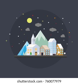 Night building landscape in winter with full moon and stars, flat design style. Vector illustration