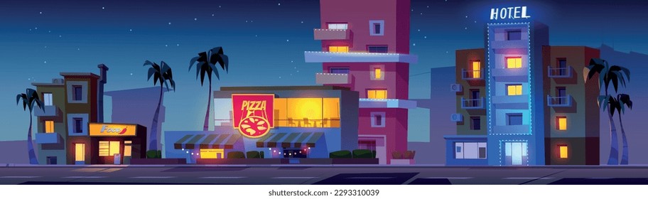 Night buildings on Miami city street with neon light and road. Cartoon illustration with retro america hotel apartment, cafe and market exterior. Town silhouette and sky with stars scenery landscape.