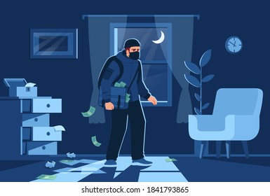 Night bulgar intrusion into apartment semi flat vector illustration. Bandit figure on window background. Money and precious jewelry stealing 2D cartoon character for commercial use