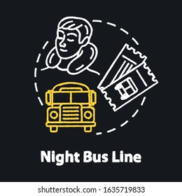 Night bus line chalk RGB color concept icon. Rest on the way idea. Sleeping tourist, international autobus and travel tickets Vector isolated chalkboard illustration on black background