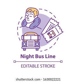 Night bus line concept icon. Rest on the way idea thin line illustration. Sleeping tourist, international autobus and travel tickets vector isolated outline RGB color drawing. Editable stroke