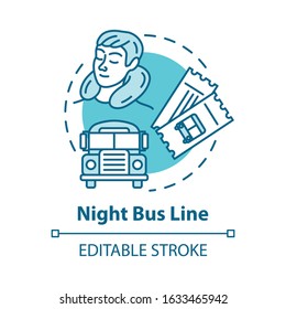 Night bus line concept icon. Rest on the way idea thin line illustration. Sleeping tourist, international autobus and travel tickets vector isolated outline RGB color drawing. Editable stroke