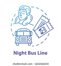 Night bus line concept icon. Rest on the way, budget tourism idea thin line illustration. Sleeping tourist, international autobus and travel tickets vector isolated outline RGB color drawing