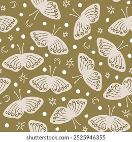 Night butterflies with stars, moon crescents and dots seamless pattern. Boho, cartoon, hand drawn moths pattern for paper, fabric design.