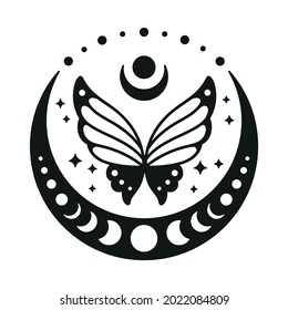 Night butterfly with moon. Moon phases. Mystical lunar illustration. Vector black and white silhouette