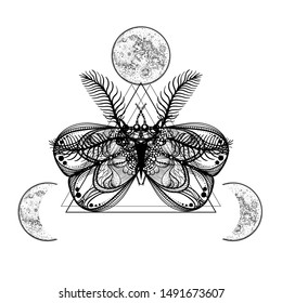 Night butterfly or moth. Moon phase. Sacred symbols and occult talisman. Design for a tattoo. Totem. Vector illustration. Black and white composition with elements of geometry coloring.