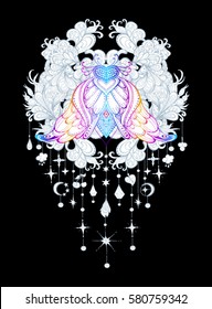Night butterfly on a background of stylized branches, hanging pendants. Vector illustration for design. Decorative printing on fashionable T-shirt. Boho, bohemian style. Printing on the cover. Tattoo 