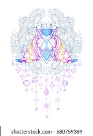 Night butterfly on a background of stylized branches, hanging pendants. Vector illustration for design. Decorative printing on fashionable T-shirt. Boho, bohemian style. Printing on the cover. Tattoo 